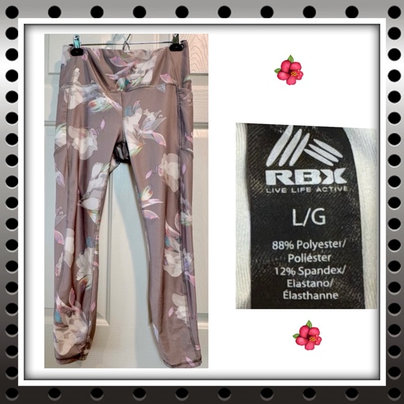Women’s RBX leggings - beige w/ floral design - thigh pockets - size Large - Picture 4 of 12